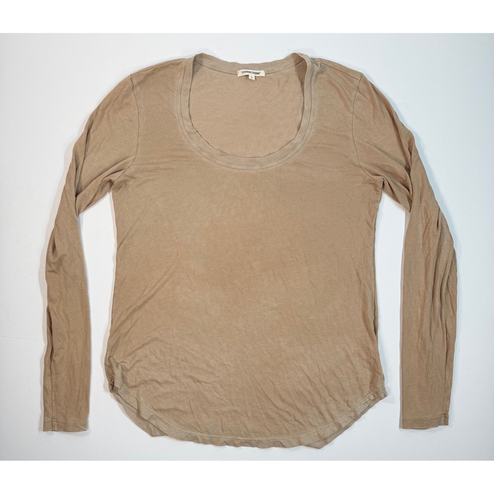 Cotton Citizen Womens Tan Beige Scoop Neck Long Sleeve Curved Hem Tee Size L